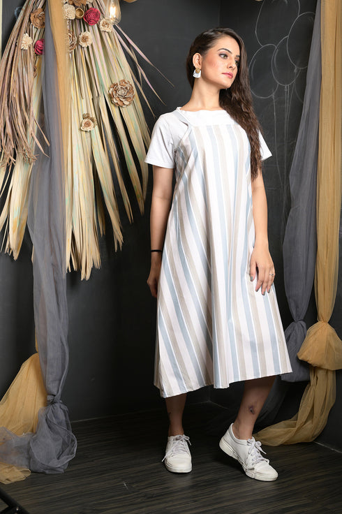 OWO THE LABEL Stripe Print Women Dress Dungaree Style Striped Dress (OTL-DRS1090)